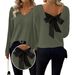 European And American Women's V-Neck Solid Color Sweater Autumn New Long Sleeve Casual Loose Bowknot Top For Women_ecoleips.com