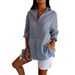 Women's Single Breasted Pleated Collar Shirt Solid Color Roll up Sleeve Top European American Popular Style for Ladies_ecoleips.com