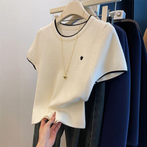 Women's Embroidered Heart Short Sleeve Knitted Sweater Round Neck T-Shirt Petite Size Inner Layer Summer New Style_ecoleips.com