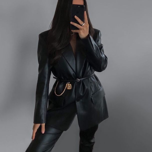 Women's Clothing Faux Leather Blazer Jacket With Notched Lapel & Stylish Pockets - Slim Fit Casual Coat For Office & Evening Out (Black, S/M/L/XL)_ecoleips.com