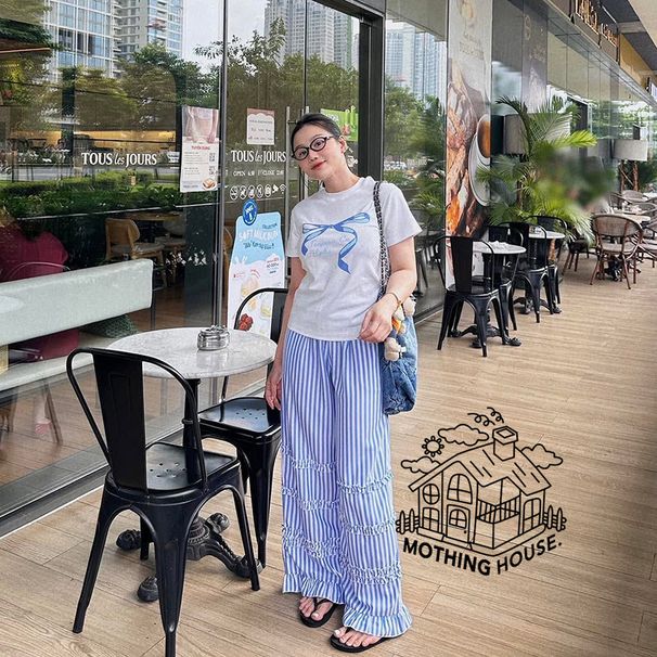Women's Clothing Sweet Cute Women's Summer Bow Print Two Piece Set Short Sleeve Striped Wide Leg Pants Style Clothing For Ladies_ecoleips.com