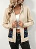 Beige Floral Pocket Pit Rib Knit Hooded Cardigan, Loose Lightweight Breathable Soft Skin-touch Zip Knit Jacket_ecoleips.com