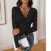 "Lace-Trimmed Backless Bodysuit – V-Neck Long Sleeve With Puff Sleeves (S-XL) | Stretch Mesh & High-Waisted Elegance"_ecoleips.com