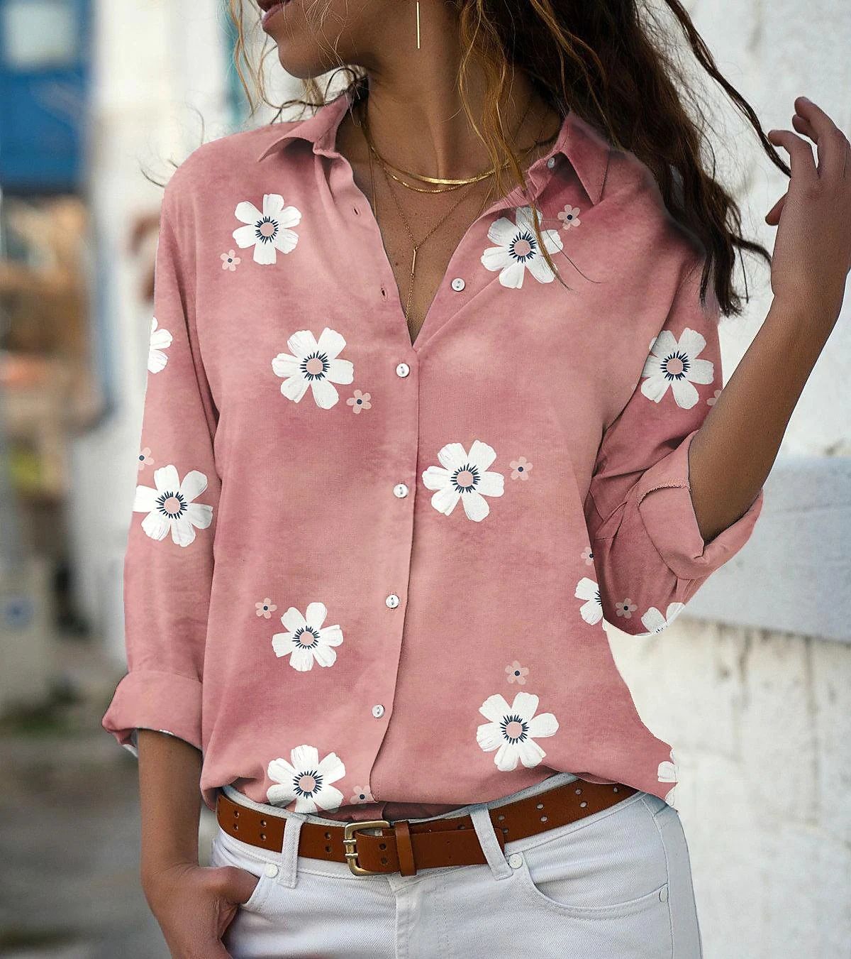 Floral Print Oversized Blouse – Long-Sleeve Loose Fit Shirt (Breathable Polyester, Stretch Comfort, Grey/Pink/Green/Blue, S-3xl)_ecoleips.com