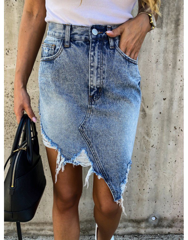 New Style Unique Distressed Irregular Bodycon Denim Skirt_ecoleips.com