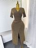 Fashion Dress For Women Summer New Sexy V Neck Slit Waist Slimming Temperament Bright Silk Hot Diamond Long Skirt_ecoleips.com