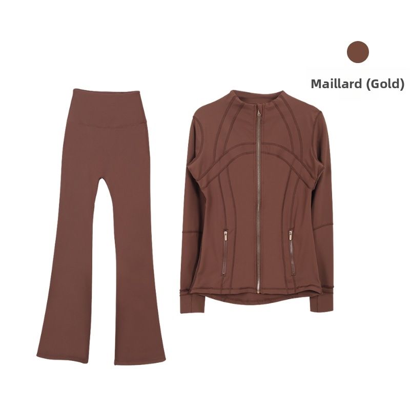Women's Clothing Gold Long Sleeved Slim Fit Jacket And Flared Pants Set Elastic Waist Sports Running Yoga Outerwear For Women_ecoleips.com