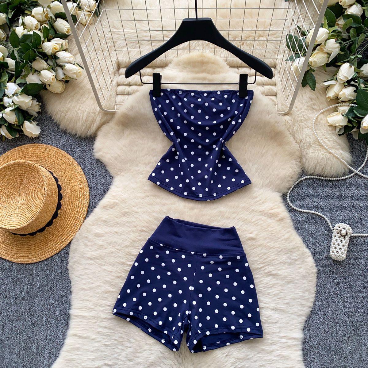 Women's Summer Outfit Gentle And Feminine Red Polka Dot Strapless Vest High Waisted Shorts Two Piece Set Slimming Simple_ecoleips.com