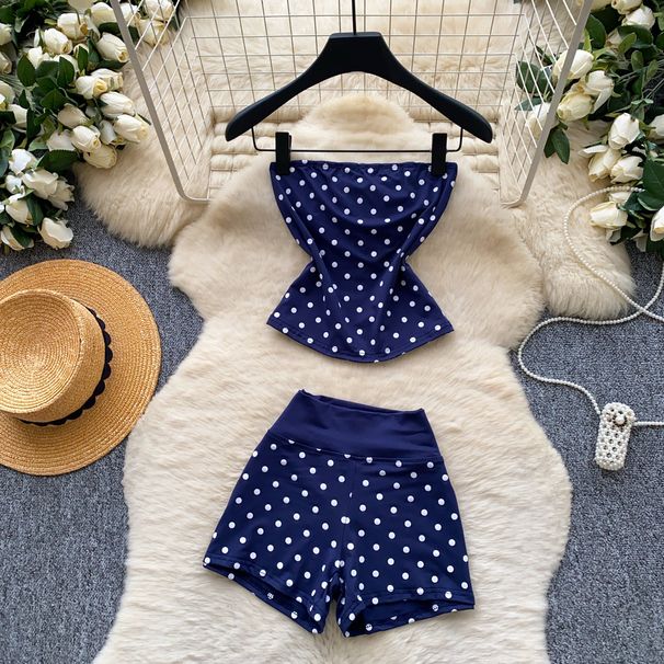 Women's Summer Outfit Gentle And Feminine Red Polka Dot Strapless Vest High Waisted Shorts Two Piece Set Slimming Simple_ecoleips.com