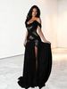 Black Off-Shoulder Lace Hollow Out Long Dress High Slit Flowing Evening Gown For Women_ecoleips.com