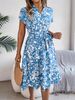 Women's Clothing Spring And Summer Casual V Neck Button Bat Sleeve Flower Swing Dress_ecoleips.com