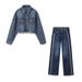 Women's Denim Jacket & Wide Leg Jeans Set - Stylish Cropped Button-Up Top With High Waist Slimming Pants For Casual & Office Wear_ecoleips.com