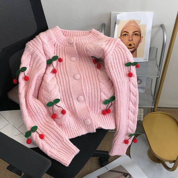 Women's Clothing New Cherry Age Reducing Sweet Sweater Women's Short Thickened Knitted Cardigan Loose Lazy Style Top_ecoleips.com