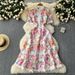 Women's Clothing Lace Stitching Printed Waist Elegant Dress Purple_ecoleips.com