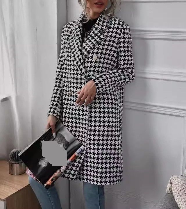 Women's Clothing Coat Houndstooth Pattern Printed Coat Casual Double Breasted Coat_ecoleips.com