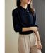 Breathable Chiffon Blouse For Women – Trendy Casual & Office Shirt With Flowy Silhouette, Navy Blue Spring/Summer Top_ecoleips.com