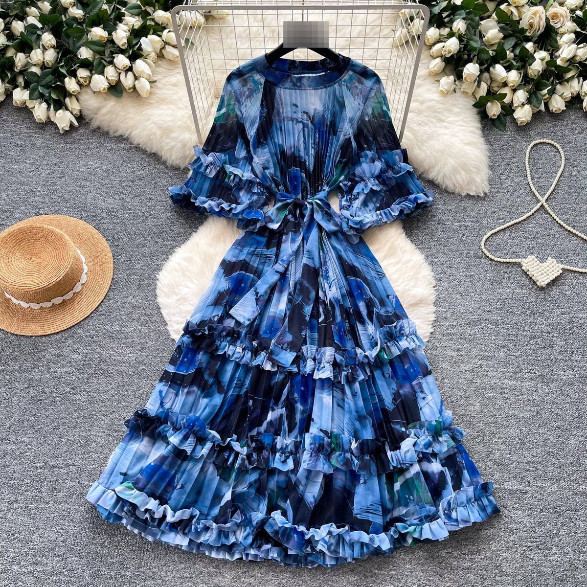 Floral Print Puff Sleeve Dress Women's Korean Style Retro Court Long Fairy Like Ruffled Tie Waist Dress_ecoleips.com