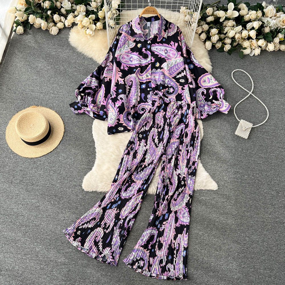 Resort Style Two-Piece Set For Women, Autumn French Print Loose Long Sleeve Top And High-Waisted Straight-Leg Casual_ecoleips.com