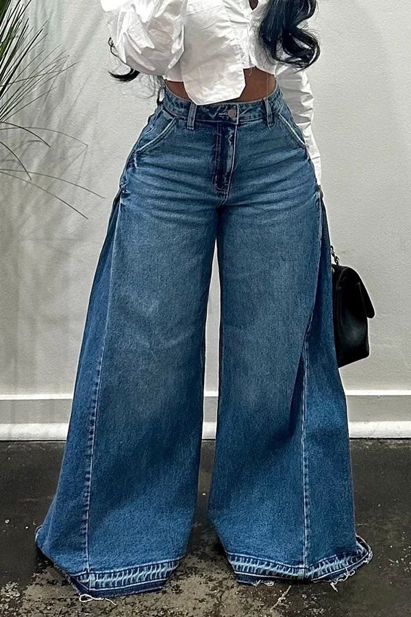 Y2K Retro Wide-Leg Jeans For Women – Distressed Blue Washed Flared Denim Pants With Fringe Hem_ecoleips.com