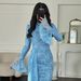 Muslim Dress Women Elegant Lace Bodycon Evening Dress With Flared Sleeves – High Waist Long Dress For Women In Peacock Blue, Pink & White_ecoleips.com
