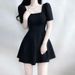 Elegant Short Black Dress Square Collar A-Line Skirt Women's Summer Slimming Hepburn Style High Waist Gown Casual Wear_ecoleips.com