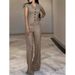 Women's Clothing High End Pure Color Temperament Sleeveless Collar Tops Casual Straight Pants Suits_ecoleips.com