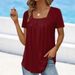 2026 Summer New Cross-Border European And American Women's Fashion Pleated Square Neck Solid Color T-Shirt Loose_ecoleips.com
