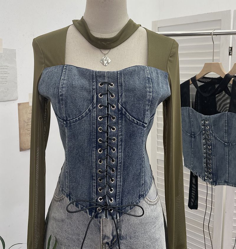 Women's Clothing Real Shot Sexy Hollow Halter Neck Denim Splicing Mesh Straps Irregular Long Sleeved T Shirt Short Top_ecoleips.com