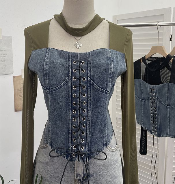 Women's Clothing Real Shot Sexy Hollow Halter Neck Denim Splicing Mesh Straps Irregular Long Sleeved T Shirt Short Top_ecoleips.com