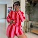 Women’s Clothing Spring New Women's Fashion Zebra Stripes Print Shirt Collar Long Sleeved Top Short Suit_ecoleips.com
