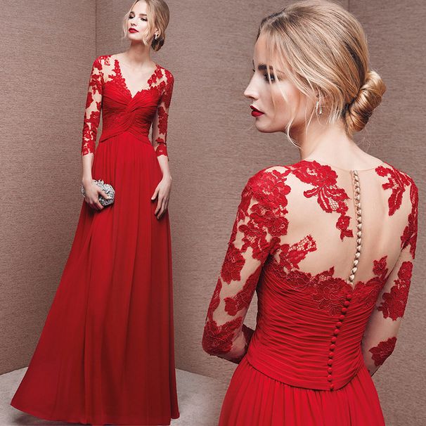 2026 New Fashion Long-Sleeve Red Off-Shoulder Bridal Wedding Dress Long Evening Gown For Toasting_ecoleips.com