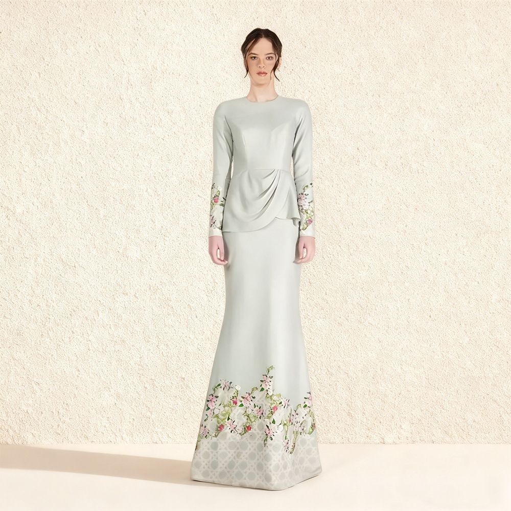 Elegant Satin Muslim Fashion Suit Set With 3D Floral Embroidery Waist Cinching Fishtail Maxi Skirt Women's Top_ecoleips.com