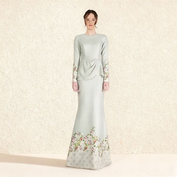 Elegant Satin Muslim Fashion Suit Set With 3D Floral Embroidery Waist Cinching Fishtail Maxi Skirt Women's Top_ecoleips.com