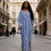 Summer Striped V Neck Long Dress European American Style Casual Loose plus Size Fashion Women's Dress_ecoleips.com