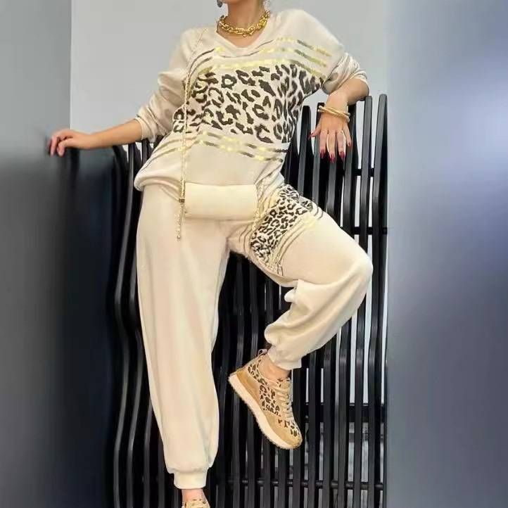 Women's Clothing New Leopard Print Hot Stamping Sweatshirt Two Piece Casual Pants_ecoleips.com