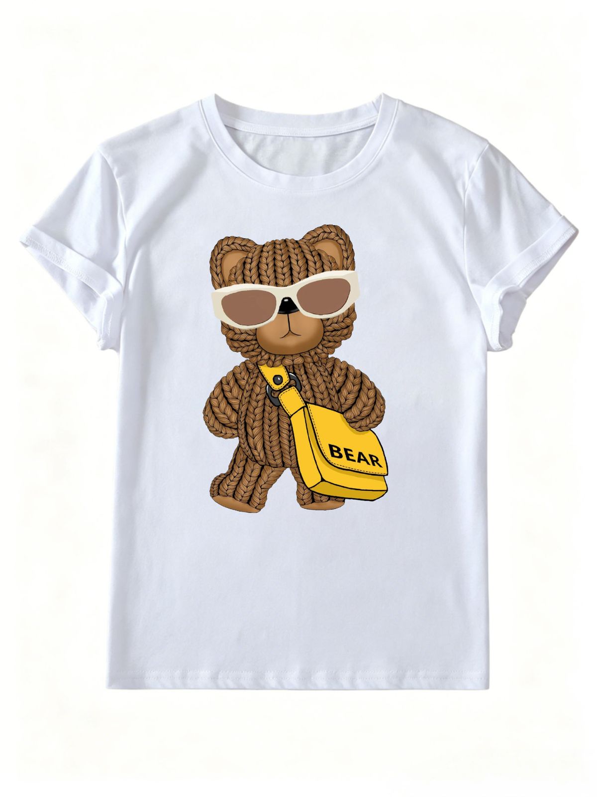 Women Knit Texture Sunglasses Crossbody Bag Bear BEAR Letter Graphic T Shirt Round Neck Short Sleeve Loose Streetwear Summer Tops_ecoleips.com