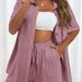 Women's Casual Two-Piece Set Solid Color Shirt And Loose Shorts Short Sleeved Single Row Spot_ecoleips.com