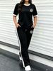 Women's Simple Sport 2-piece Set, Classic Print Colorblock Tee & Stretch Knit Side-stripe Drawstring Wide Leg Pants For Spring Summer Commute & Gym_ecoleips.com