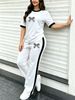 Women's Simple Sport 2-piece Set, Classic Print Colorblock Tee & Stretch Knit Side-stripe Drawstring Wide Leg Pants For Spring Summer Commute & Gym_ecoleips.com