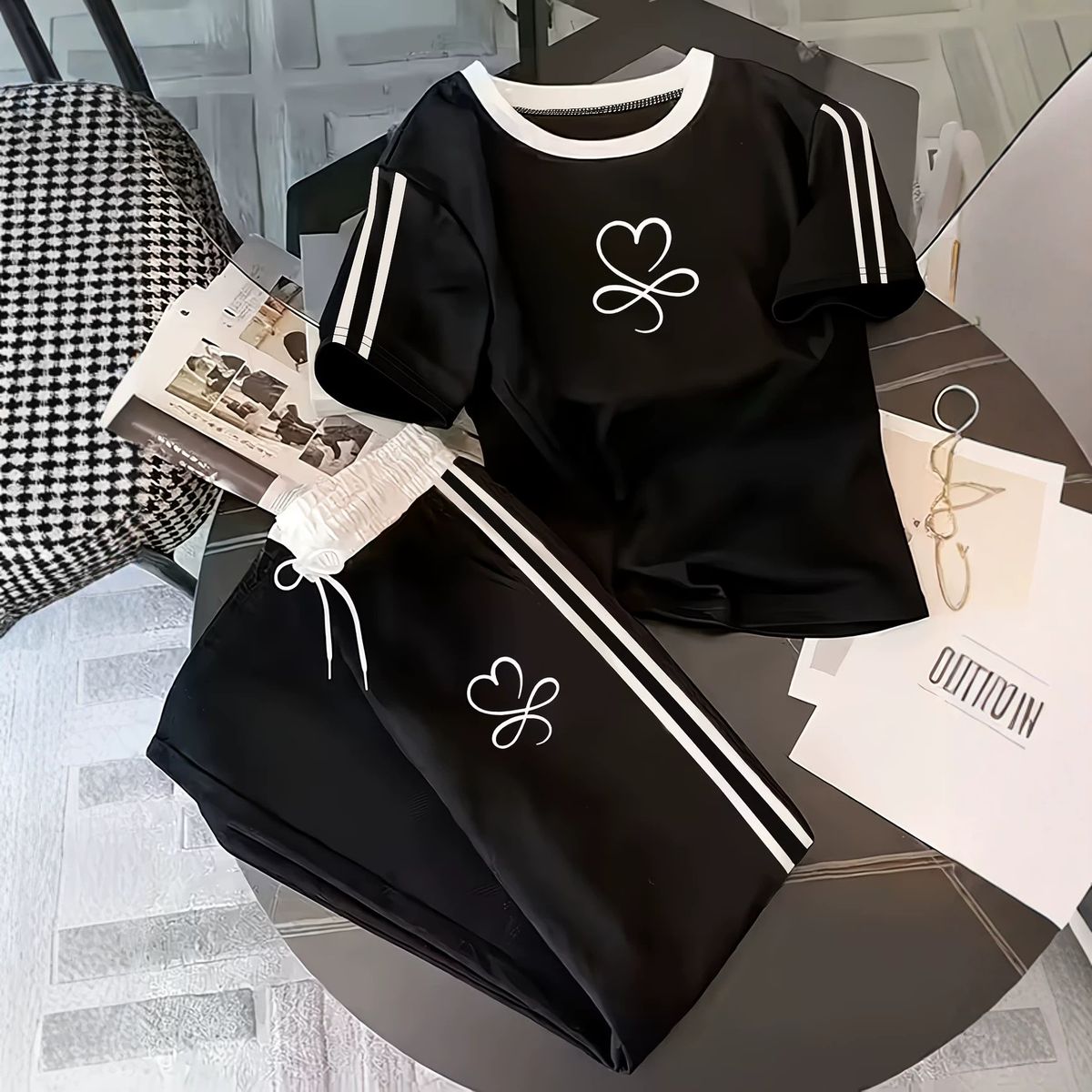 Women's Summer Patchwork Woven Set Casual Comfortable T-Shirt And Trousers Print 6002_ecoleips.com