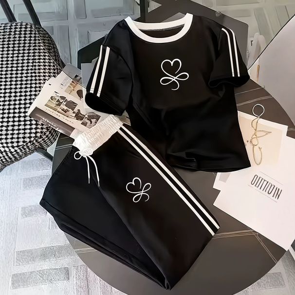 Women's Summer Patchwork Woven Set Casual Comfortable T-Shirt And Trousers Print 6002_ecoleips.com