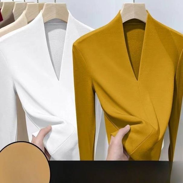 Women’s Clothing threaded German velvet v neck long sleeved T shirt new style plus velvet thickened slim fit fashionable warm bottoming shirt top_ecoleips.com