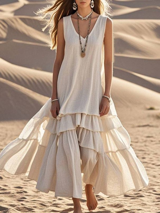 Women's Clothing Cotton And Linen Loose Large Skirt Sleeveless Dress_ecoleips.com