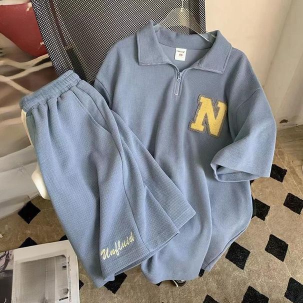 Women's Clothing Waffle Sports Suit Loose Embroidery Short Sleeved Shorts Casual Running Two Piece Suit_ecoleips.com
