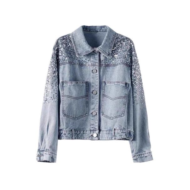 "Women's Distressed Denim Jacket With Sequin Embellishments - Vintage Washed Cropped Oversized Style (Light Blue/Black)"_ecoleips.com
