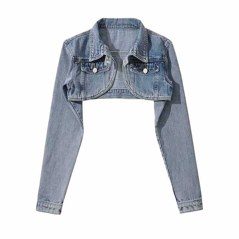 "Women's Cropped Denim Jacket - High Waist Shawl Collar Retro Style (Light Blue/Black Gray)"_ecoleips.com
