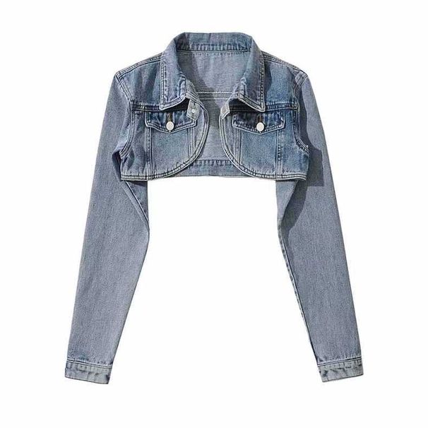 "Women's Cropped Denim Jacket - High Waist Shawl Collar Retro Style (Light Blue/Black Gray)"_ecoleips.com