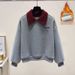 Fleece-Lined Color Block Knit Sweatshirt With Retro Drawstring Jeans Set - Winter Warm Outfit For Women & Men_ecoleips.com