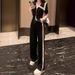 Women's Black Casual Sports Suit Summer Loose Wide Leg Pants Two Piece Set Reducing Age Internet Celebrity Street Style Short Sleeved_ecoleips.com