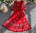 Women's French Retro Red Floral Print Dress Round Neck Three Quarter Sleeve Slimming Waist Full Skirt Ruffles Summer Style_ecoleips.com
